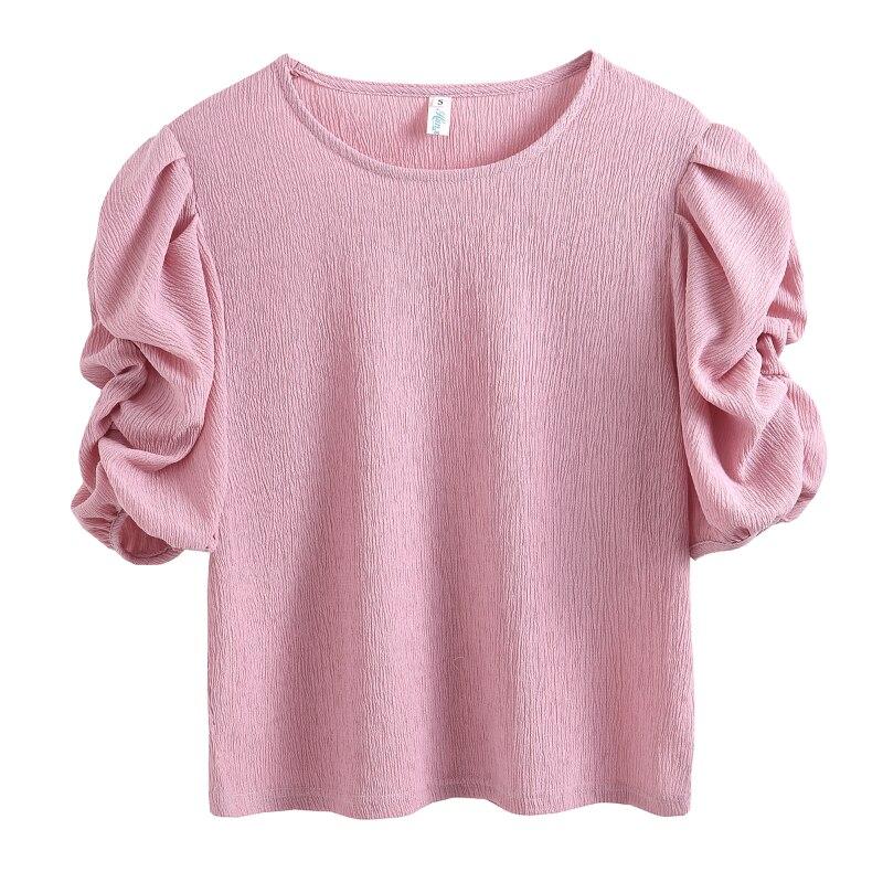Women Shirts Office Lady Fashion Chiffon Tops Round Collar Sweet Short Puff Sleeve Blouse Solid Color Summer Clothes 27487