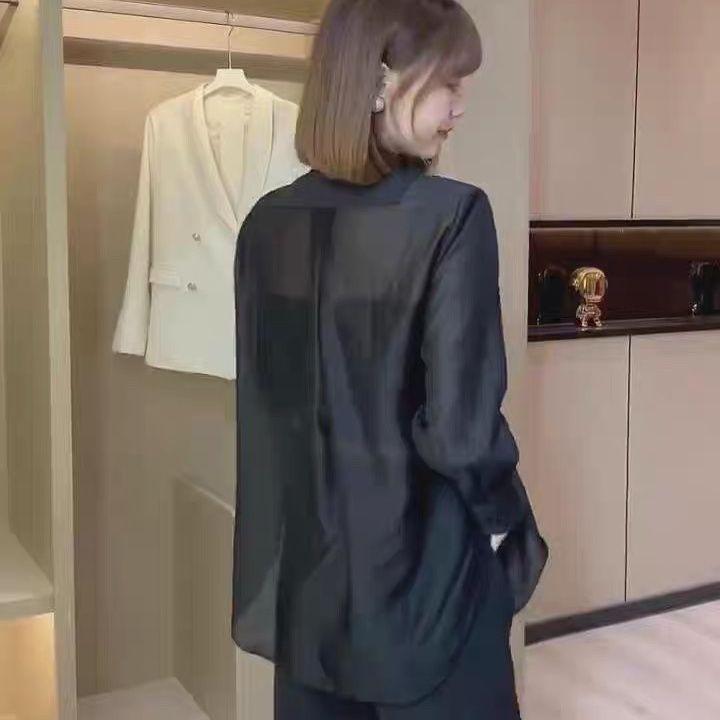 Conjunto de duas peças de camisa de chiffon com proteção solar e blazer, calça de perna larga, elegante, conjunto de calças femininas para escritório