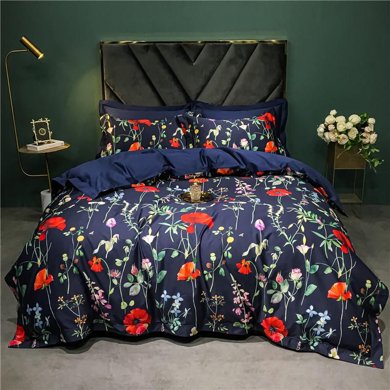 140TC Egyptian Coton Floral Bird Printing Beding Set, Soft Duvet Cover, Bed Shet, Pilowcases, American Style, High-End Premium 4Pcs