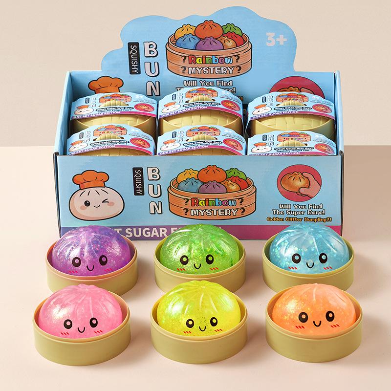 Cartoon Smiley Stress Relief Fruit Pulp Gold Glitter Ball Steamer Box Realistic Bun Squeeze Toy Stress Relief