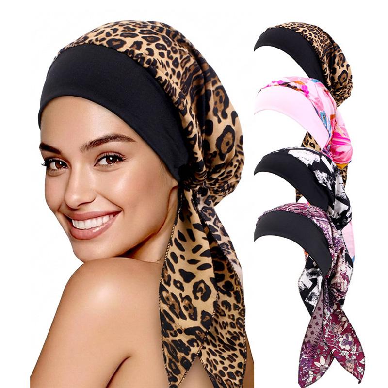 New Women Flower Print Hat Elastic Muslim Hijab Hats Long Tail Head Wraps Chemo Beanies Caps Cancer Bandanas