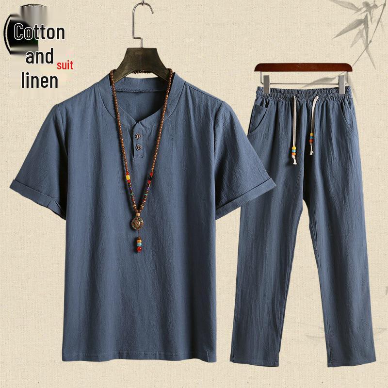 

2023 Summer Men s Cotton Linen Suit: Chinese-Style Short Sleeve T-Shirt & Nine-Point Pants Set 5XL (Recommended 190-220 kg) серый/синий