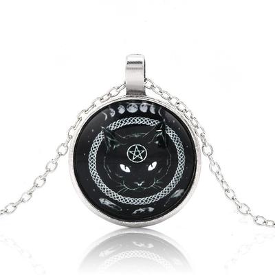 Karp, Naiste meeste must kass Pentagramm ümmargune klaasist ripats kaelakeed pika metallist ketiga kaelakee ehted