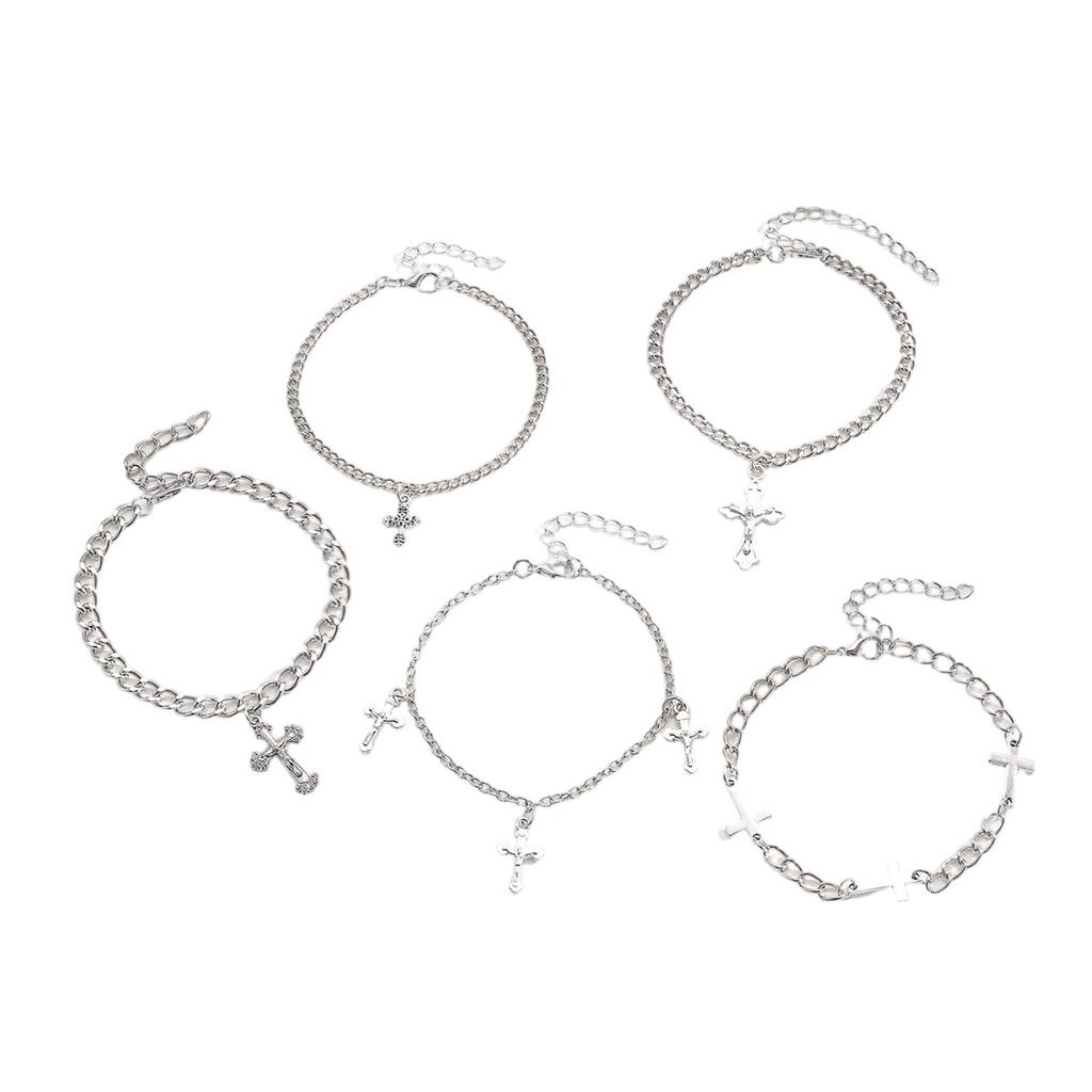Multi Layer Cross Charm Chain Bracelet Set Gothic Religious Stackable Bracelets for Women