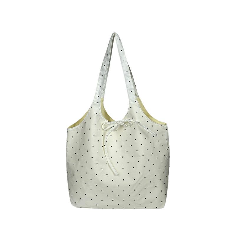 Korean polka dot bow canvas bag women's 2025 new summer shoulder tote bag daily commuter armpit bag