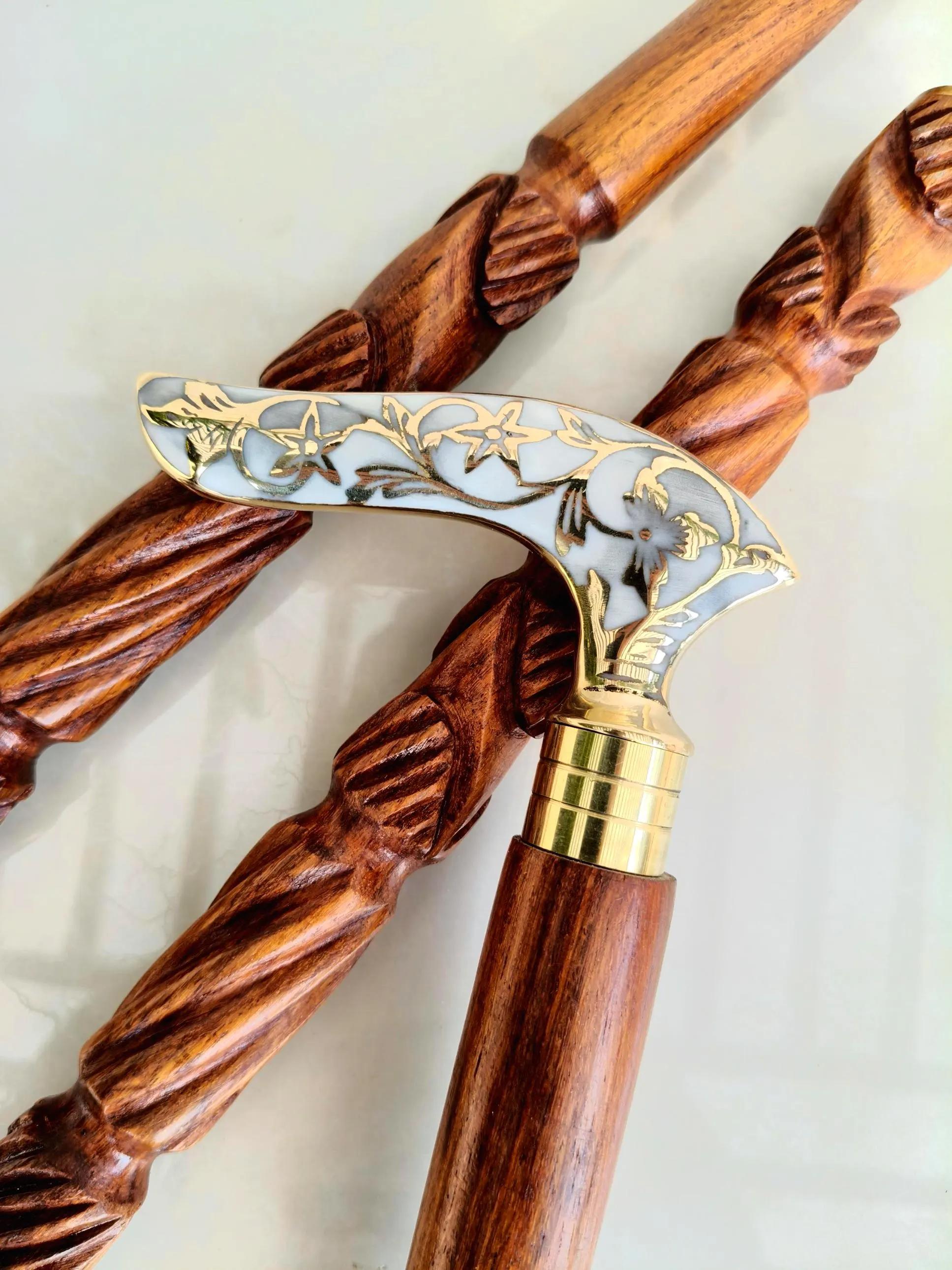 Walking Stick Brass Enamel Handle, Carved Rosewood Cane Home Decor