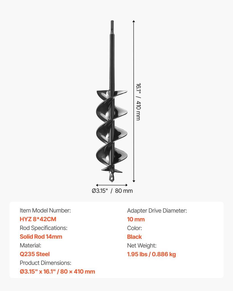 Auger Drill Bit 3.15 x 16.1 in Earth Spiral Post Hole Digger Planter Tool
