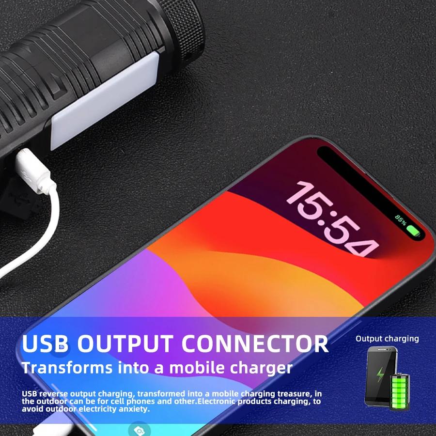 Outdoor Portable Zoom LED Flashlight Type-c Rechargeable Torch with Power Display Strong Light Camping Fishing Emergency Lamp