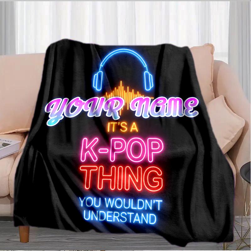 1PC Custom Name K-Pop Neon Sign Outdooor Flannel Blankets Throw Blanket All-Season Throw Gift Bedspread for Couch, Bed, Camping Holiday Birthday Gift