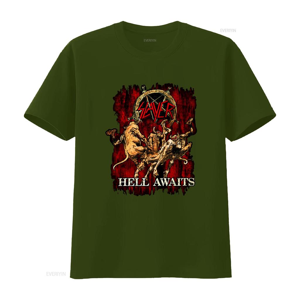 SLAYER Hell Awaits T Shirt Heavy Metal Band Design for Rock Fans Vintage Washed Designer Clothes Slightly Streetwear Homme