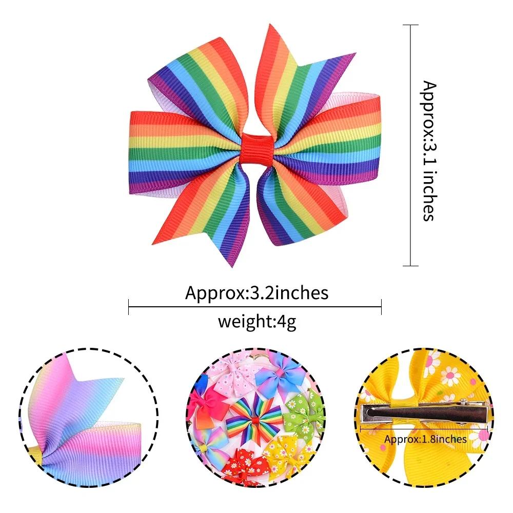 2Pcs/set 3.2'' Grosgrain Ribbon Rainbow Hair Bows Clips for Girls Boutique Hairpins Random Bowknot Handmade Hair Accessories