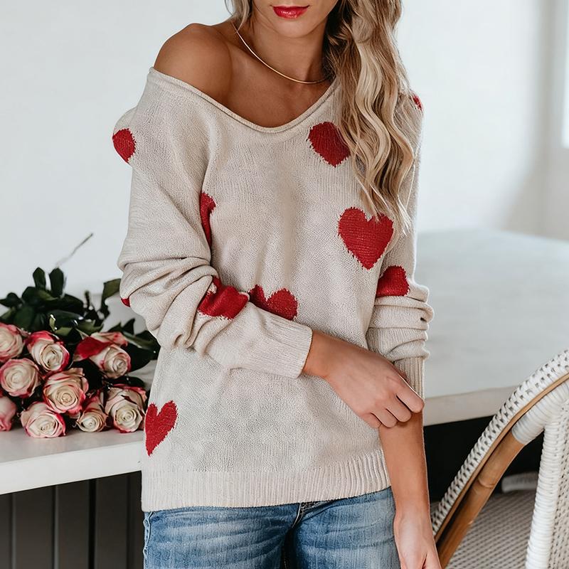 Ladies Autumn Winter Long Sleeve V Neck Pullover Love Heart Loose Knitted Sweater Knitwear Top