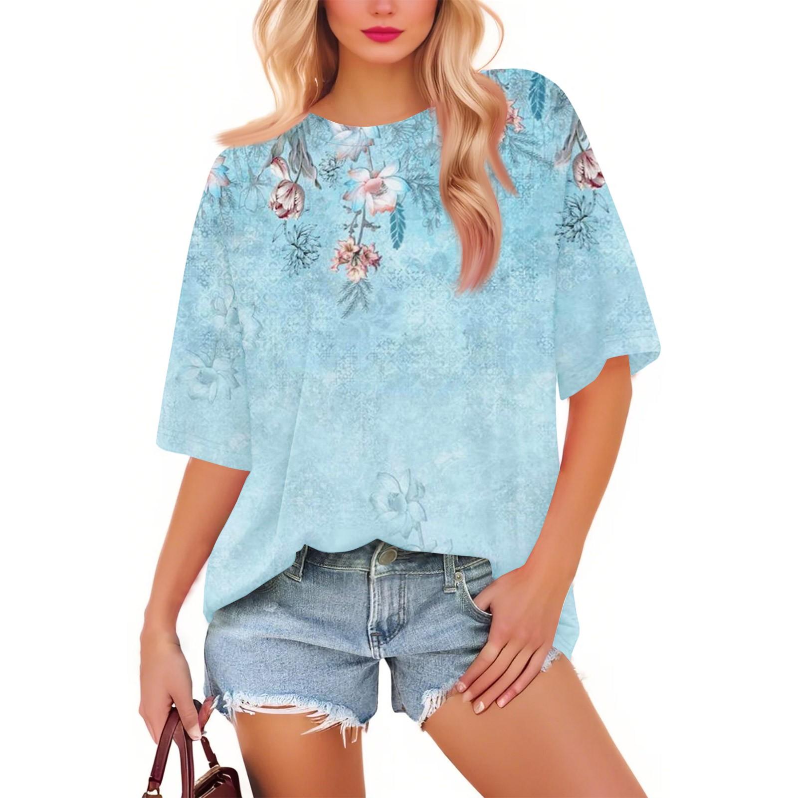 

Women s Fashion Casual Floral Loose Round Neck Short Sleeve Trendy Holiday T-shirt Top L