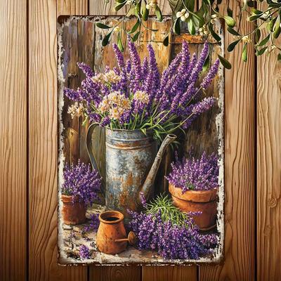 [2D Flat] 1pc Vintage Lavender Flower Metal Tin Sign - Rustic Floral Wall Art with Rustic Wooden Background, 20.32x30.48 Cm, Dur