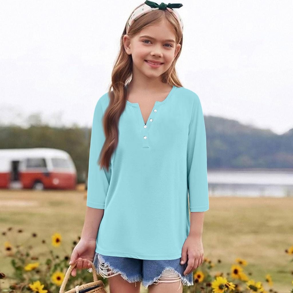 Print Tops For Youth Girls Round Neck 3/4 Sleeves T-Shirts Trendy Tops Outfit Tees