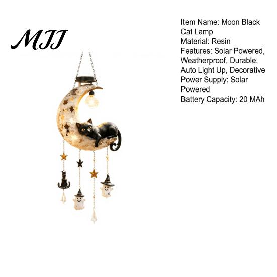 Vintage Resin Animal Garden Decor Solar Moon Black Cat Wind Chime Light, Powered Hanging Lamp, Waterproof Halloween Decorative Ghost Lights