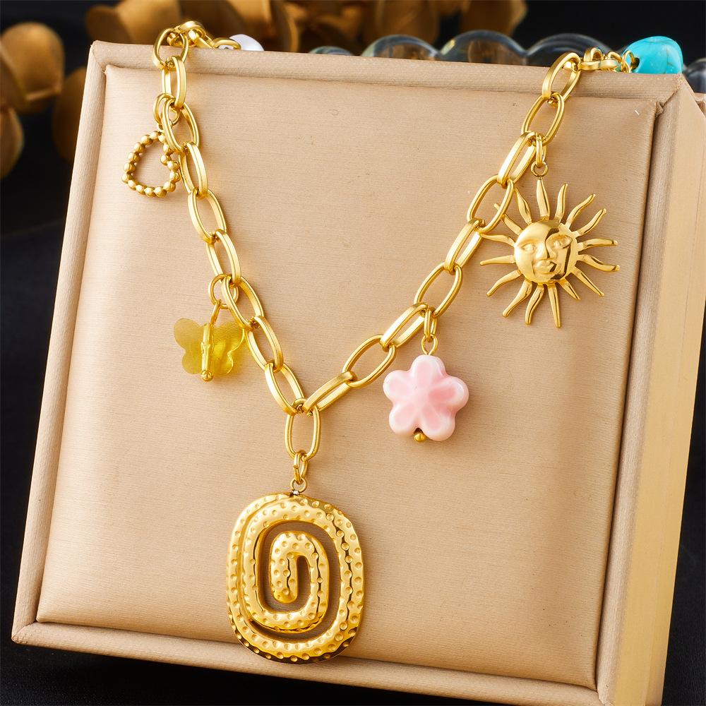 Women's Sporty Cross Border Fashion Spiral Elliptical Heart Shaped Large Pendant Sweater Chain Crystal Butterfly Flower Necklace