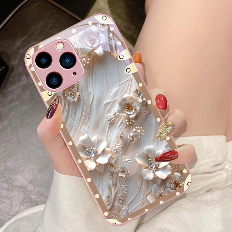 Box Pink Flowers For IPhone 16 Pro Max 15 Pro 14 13 12 Mini 11 XS Max XR 7 8 Plu SE 2022 Tempered Glass Phone Case