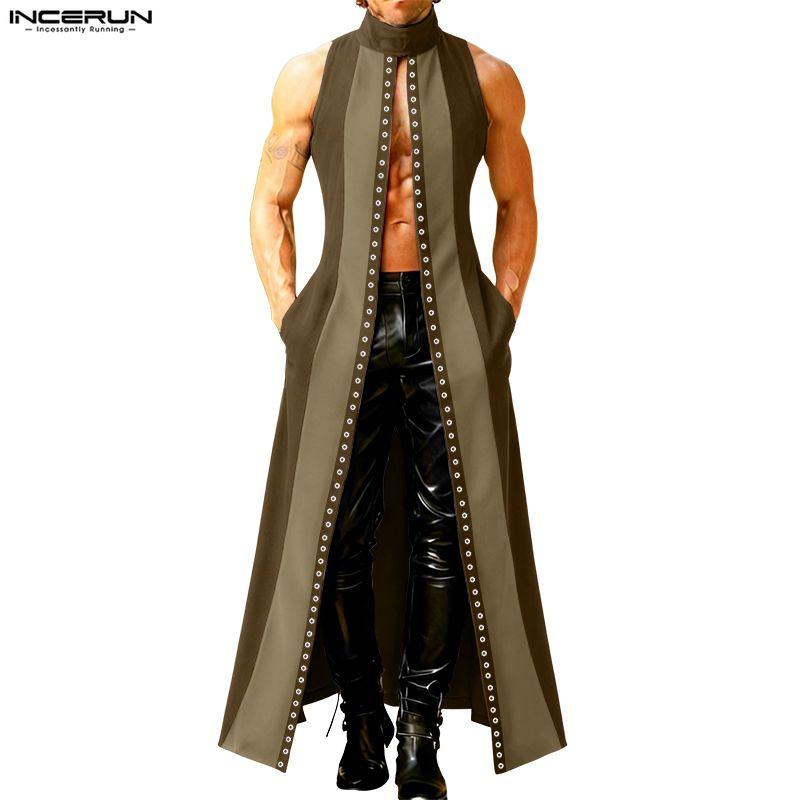 INCERUN Men Stand Neck Sleeveless Open Front Eyelet Casual Cosplay Long Vest Cardigan