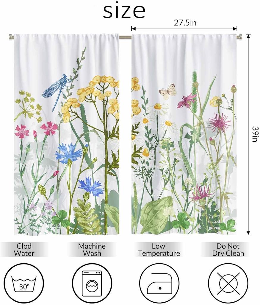 Colorful Flowers Kitchen Curtains Herbs Plants Butterfly Dragonfly Grass Short Tier Bathroom Cafe Small Window Drap Curtain Polyester Washable Ready
