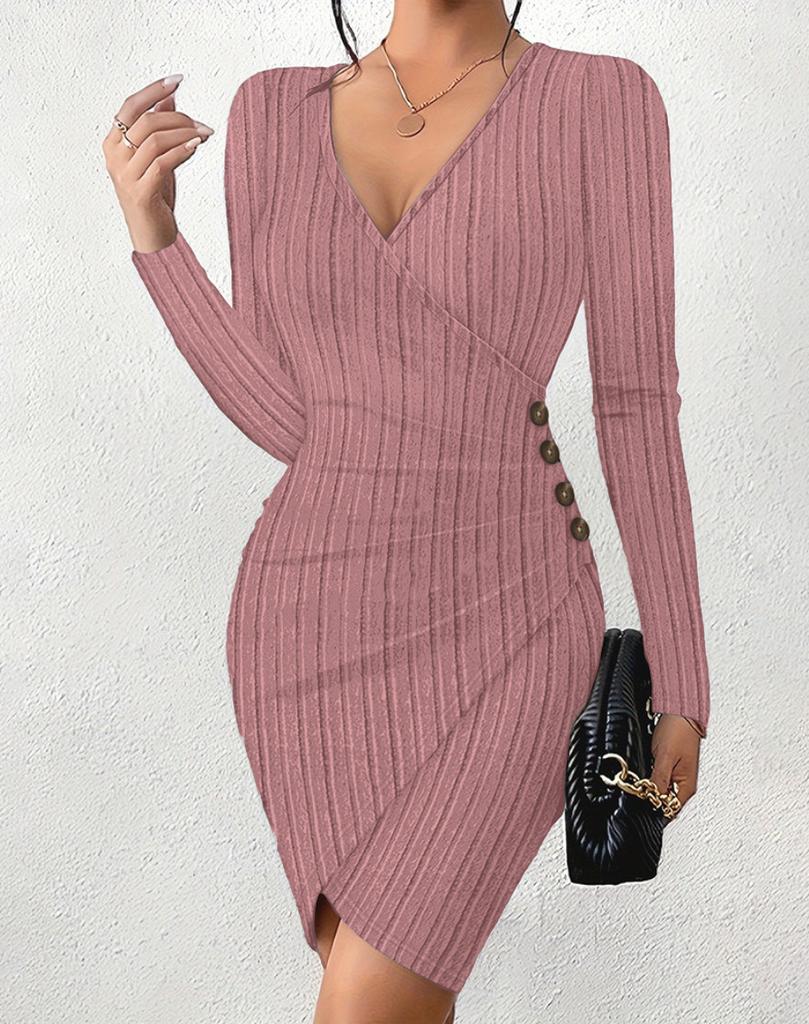 Autumn and winter new solid color V-neck tight-fitting hip-wrapping slim-fitting sexy long-sleeved dress for women