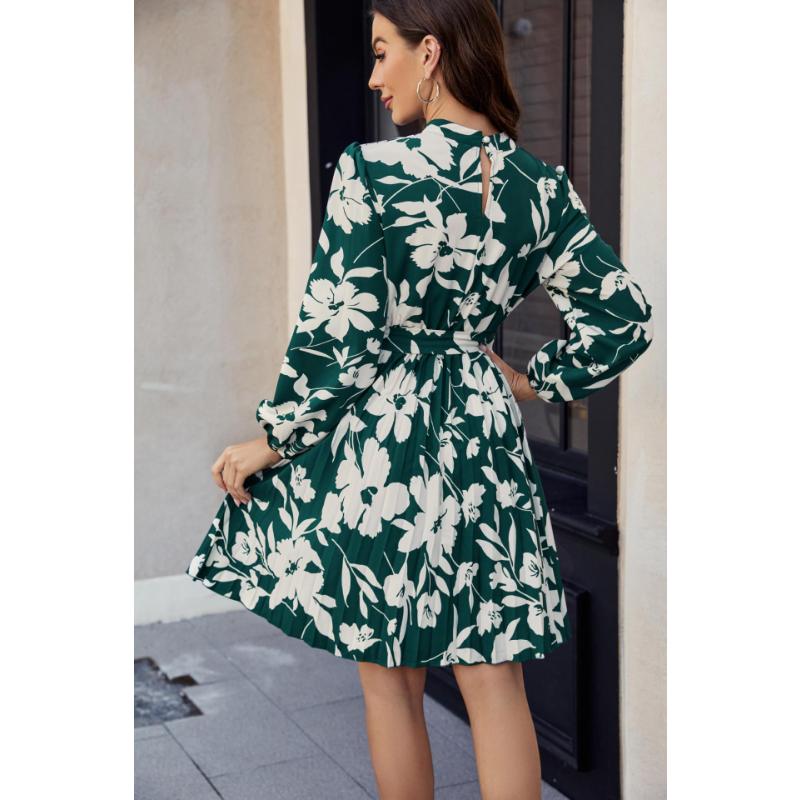 Women's Floral Print Long Sleeve Mini Dress Mock Neck Tie Waist Pleated A-Line Casual Dress for Daily Office Party