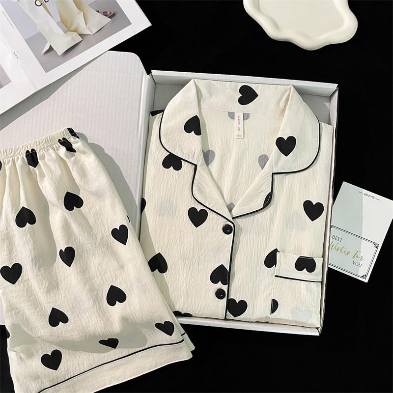 Love Print Women's Pajamas Set Korean Pajamas 2 Piece Tops Shorts Soft Cotton Casual 2 Piece Pajama Set