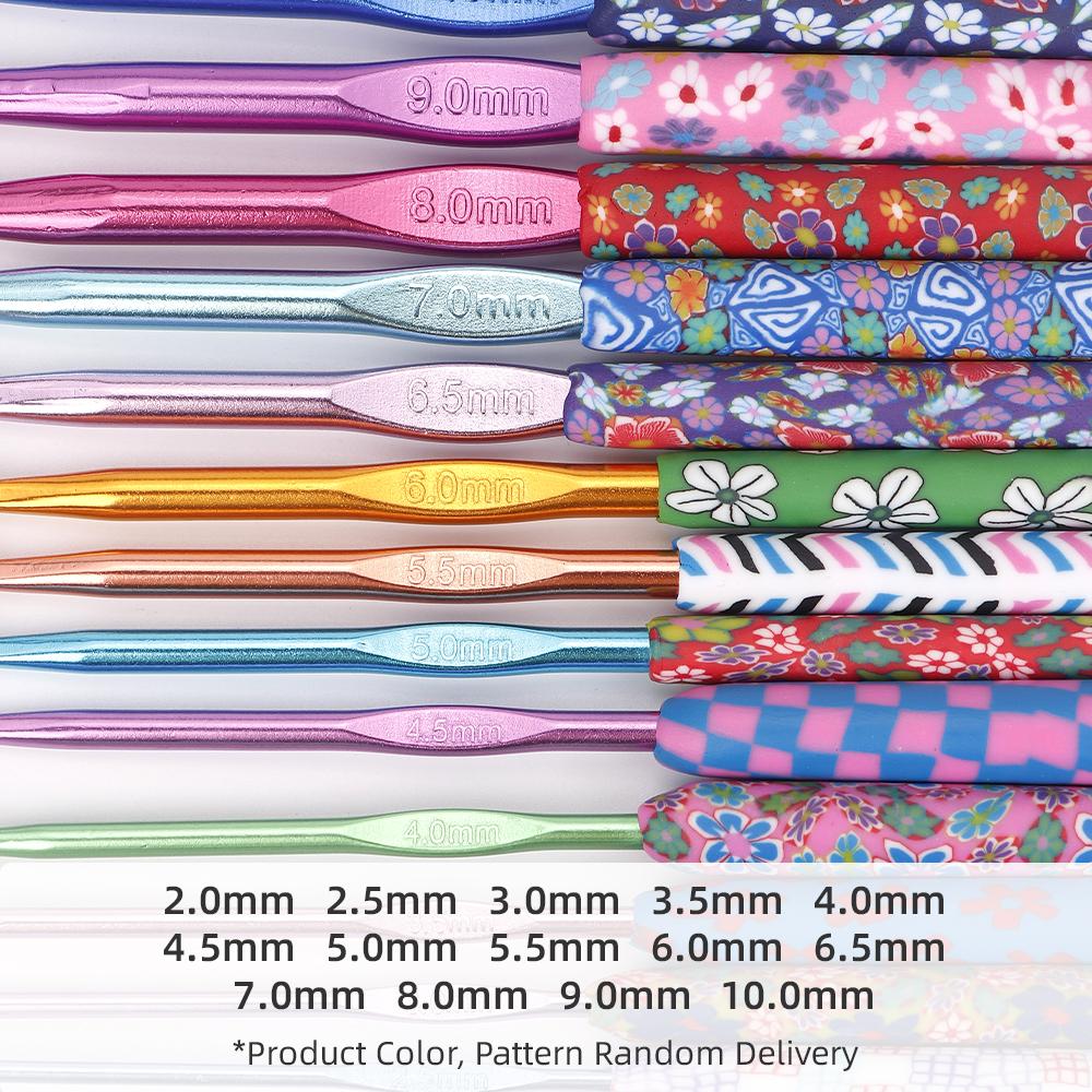 14pc Printed Color Crochet Tool Set, Soft Handle Knitting Needle Kit, Professional Weaving Yarns Craftwork Tool, 2.0mm-10.0mm
