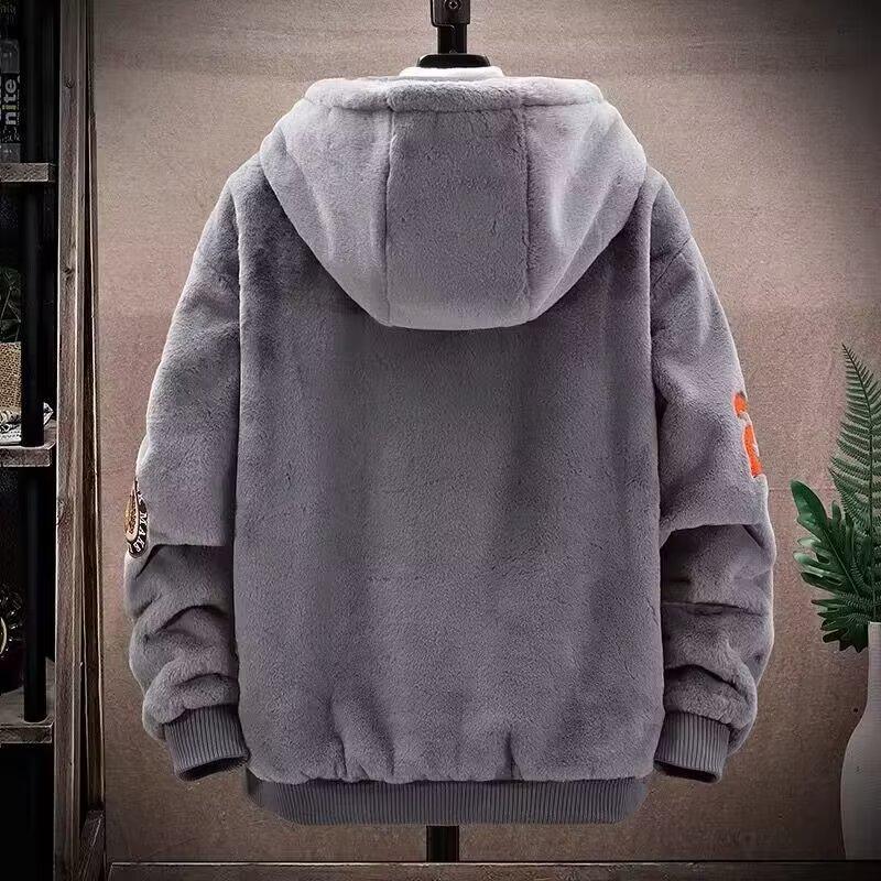 Men's Lamb Fleece Embroidered Hooded Jacket - Warm, Loose Fit for Autumn & Winter
