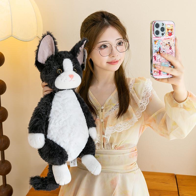 Black & White Devon Rex Cat Plush Toy – Cute, Curly-Haired Doll & Hug Pillow Gift for Girls