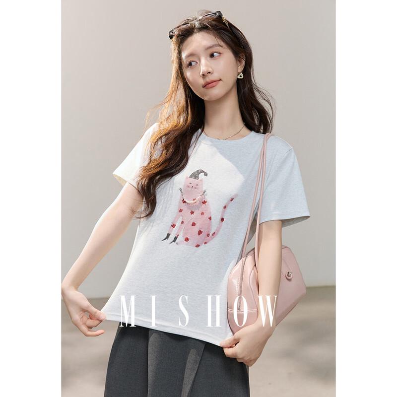 Miexu Girly Cat Print T-Shirt with Pearl Embellishment M