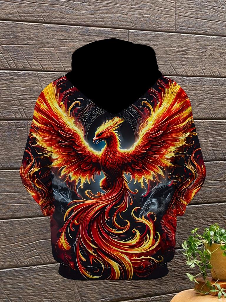 [Printed Design- Not Textured] Men'S 3D Flame Phoenix Hoodie - Vibrant Long Sleeve Casual Sweatshirt with Drawstring Pocket, Polyester, Ideal for