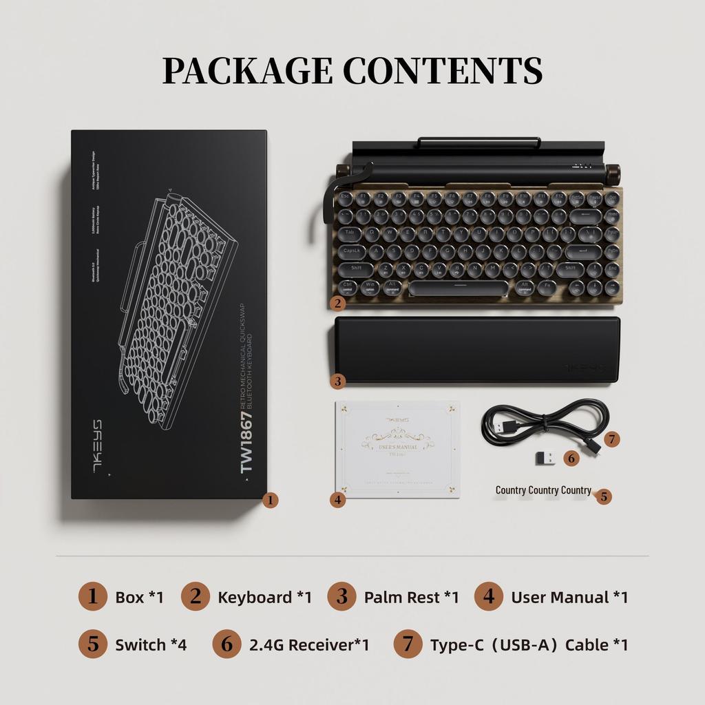 TW1867 Three-Mode Retro Bluetooth Mechanical Keyboard with Hot-Swappable Linear Switches and RGB Lighting