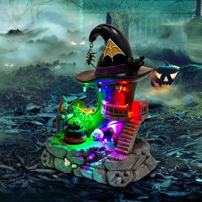 Halloween Village Antique Witch Shoe Shop Lit Building House and Rotating Cauldron Bubble, with Spider Accessories and LED Light