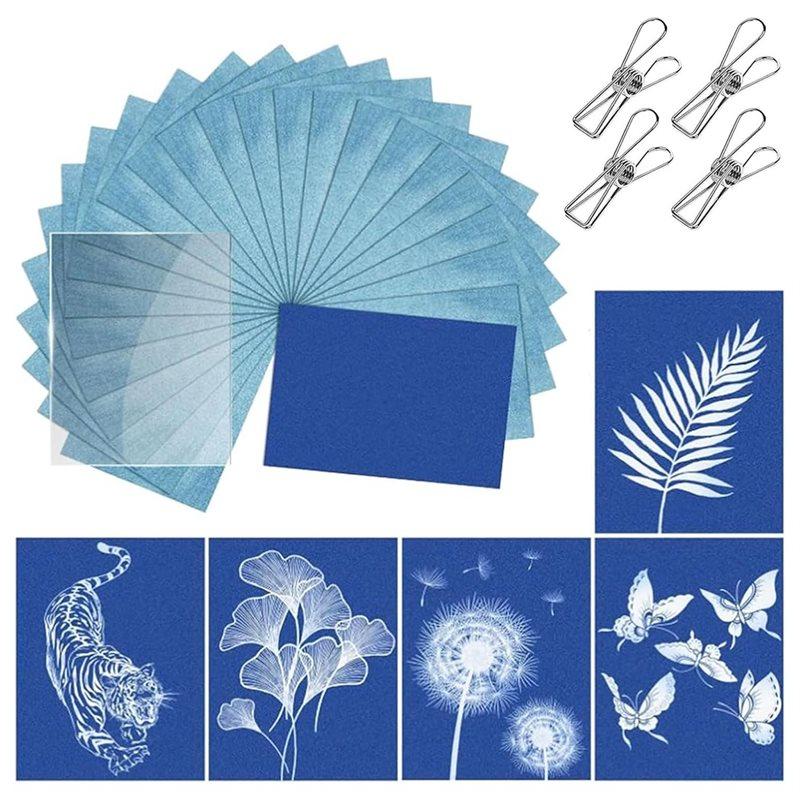 

A25F-Cyanotype Paper Kit- 32PCS A4 High Sensitive Sun Art Paper With Acrylic Panel& Clips For DIY Nature Printing Crafts