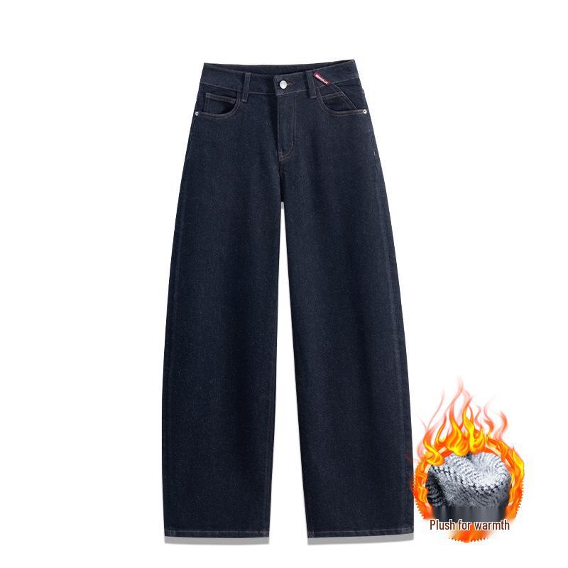 Li Shaonü High Waist Retro Velvet-Lined Wide Leg Jeans for Women Medium