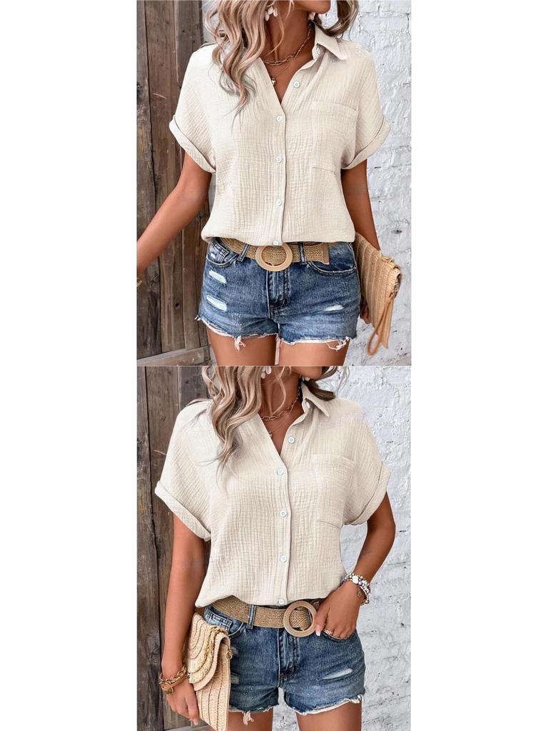 European American Women's Cotton Shirt - 2026 Summer Collection: Solid Color Casual Button-Up