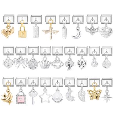 Fashion Moon Star Heart Key Lock Pendant Italian Charm Link Beads Stainless Steel Fit 9mm Italian Chain Bracelet DIY Making Gift