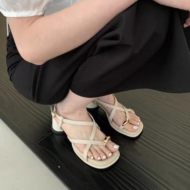 French thick heel Roman shoes sandals women's pinch toes high sense fashion girl high heels 2025 autumn new