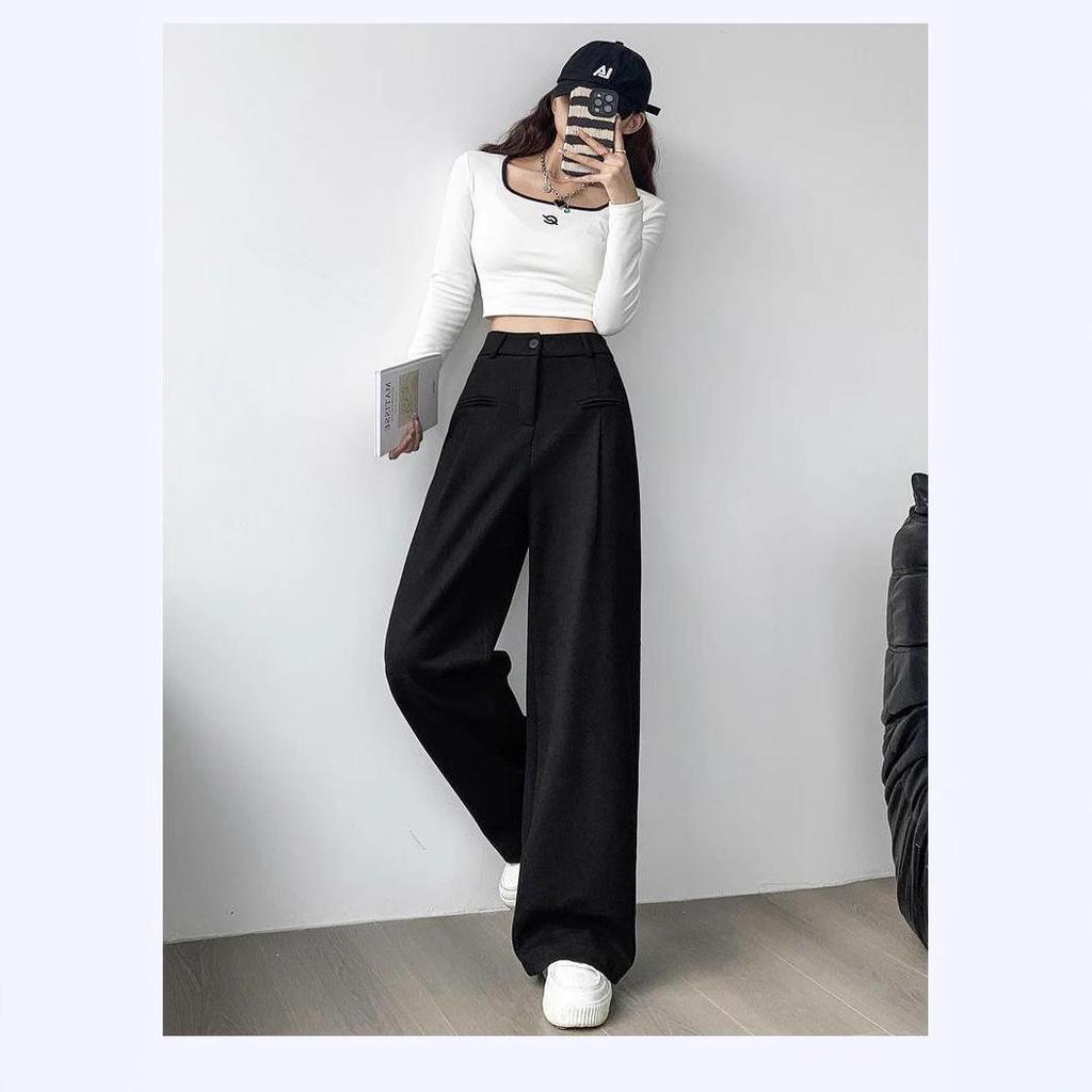 Petite Women's High Waist Loose Straight Leg Pants - Spring/Autumn Grey Suit