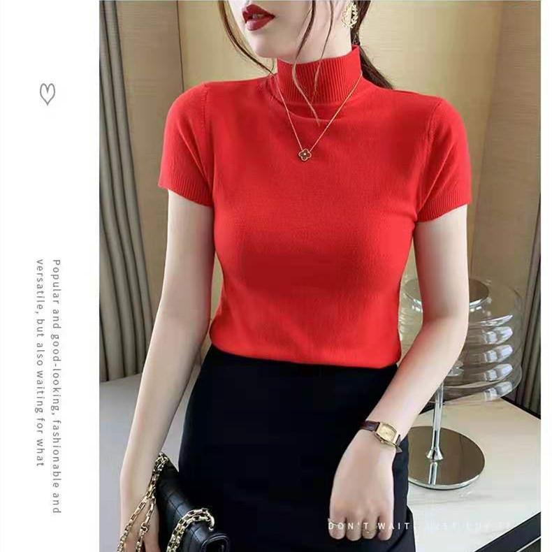 Moda Primavera y Otoño Cuello Medio Alto Camiseta de Punto Suave Manga Corta Top de Mujer Delgado Fino Cálido Bajo Casual Esencial Ajustado Jerséis Camisetas