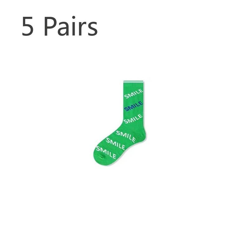 5 Pairs of Women's Spring and Autumn Tide Color Contrast Sports Casual Small Fresh Green Mid Tube Socks