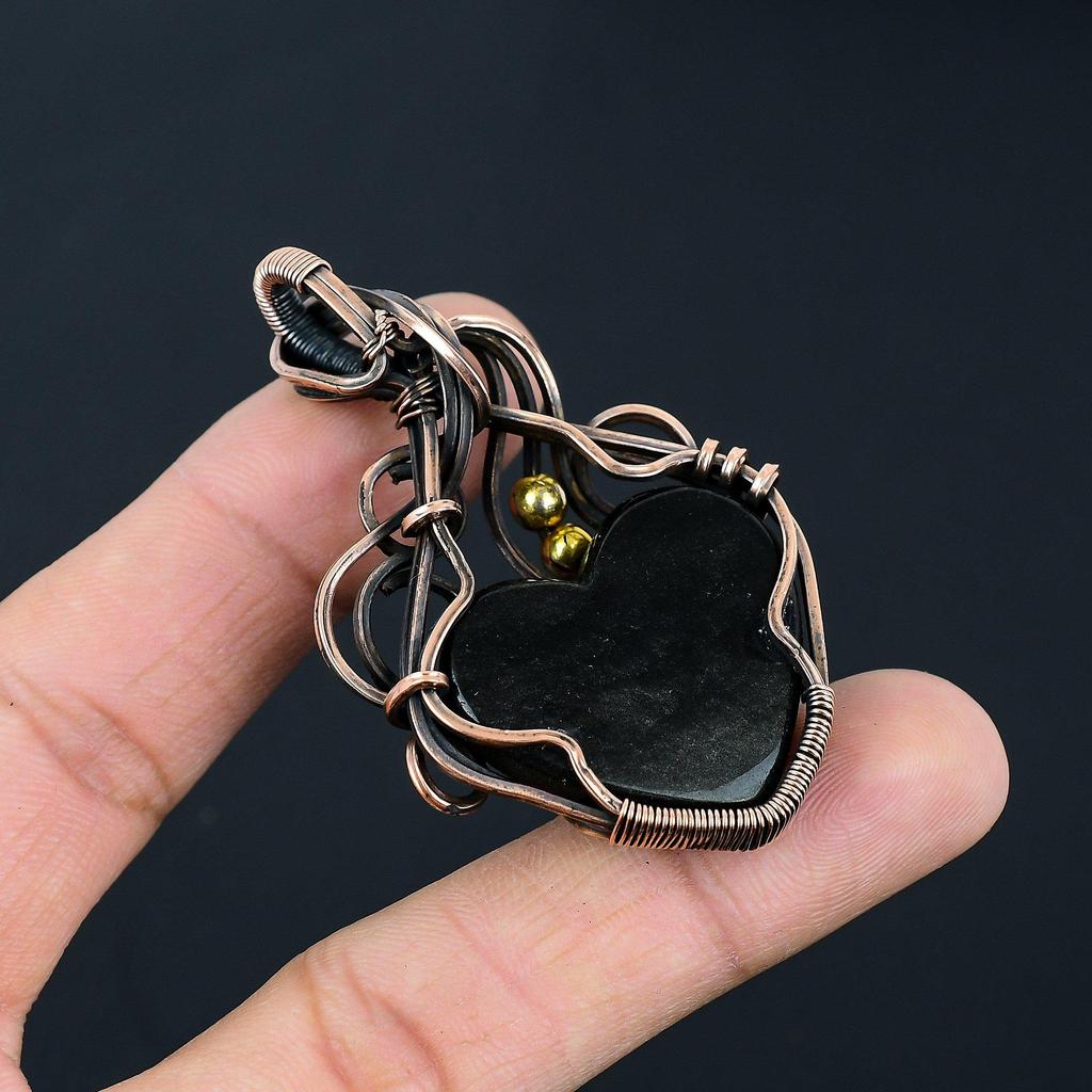 Silver Sheen Obsidian Gemstone Handmade Jewelry Pure Copper Wire Wrapped Pendant
