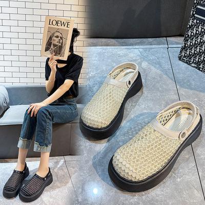 Half Slippers Woven Two Wear Cool Slippers 2025 Summer New Thick Sole Heightened Hollow Breathable Bag Head Sandals Women's Shoes