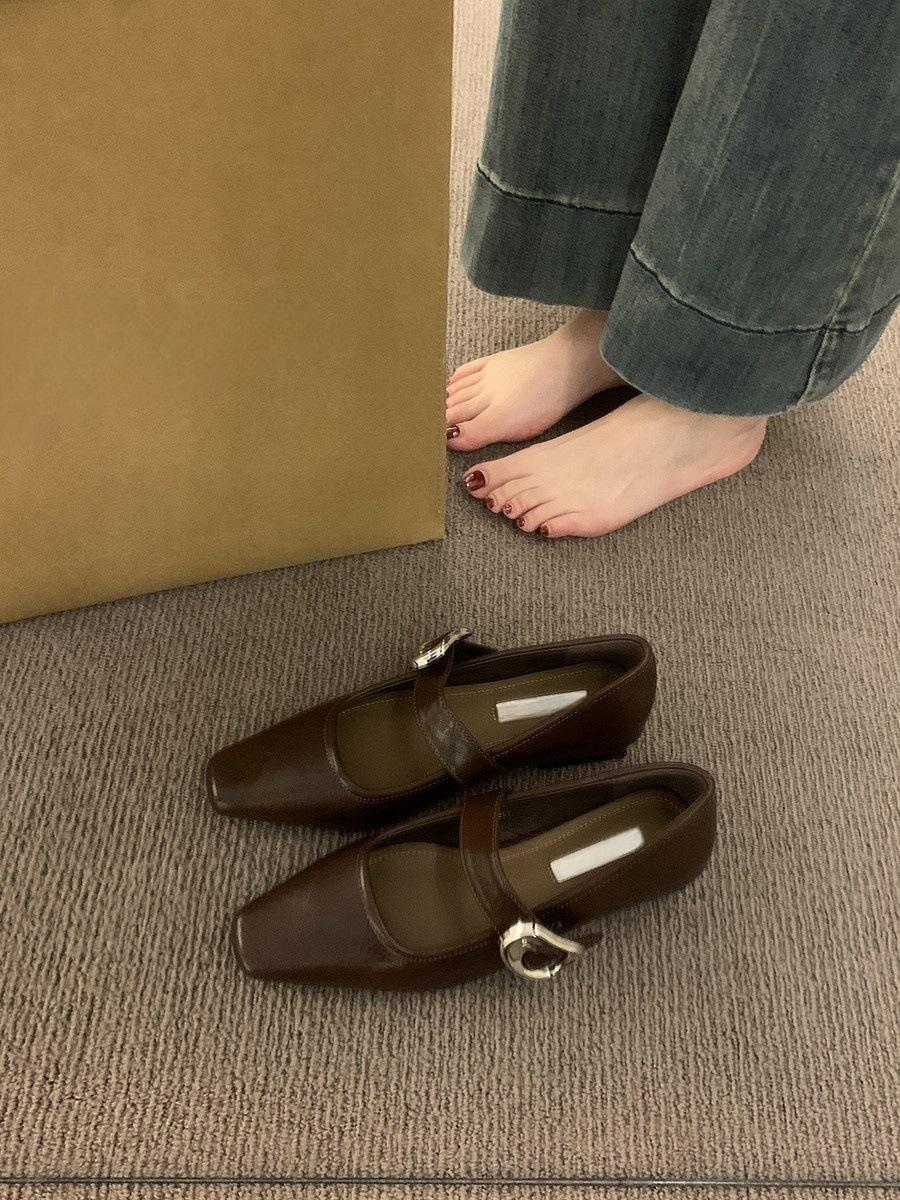 

French low-heeled square head silver Mary Jane shoes women s shoes 2024 new winter single shoes retro fashion small leather shoes 39 коричневий