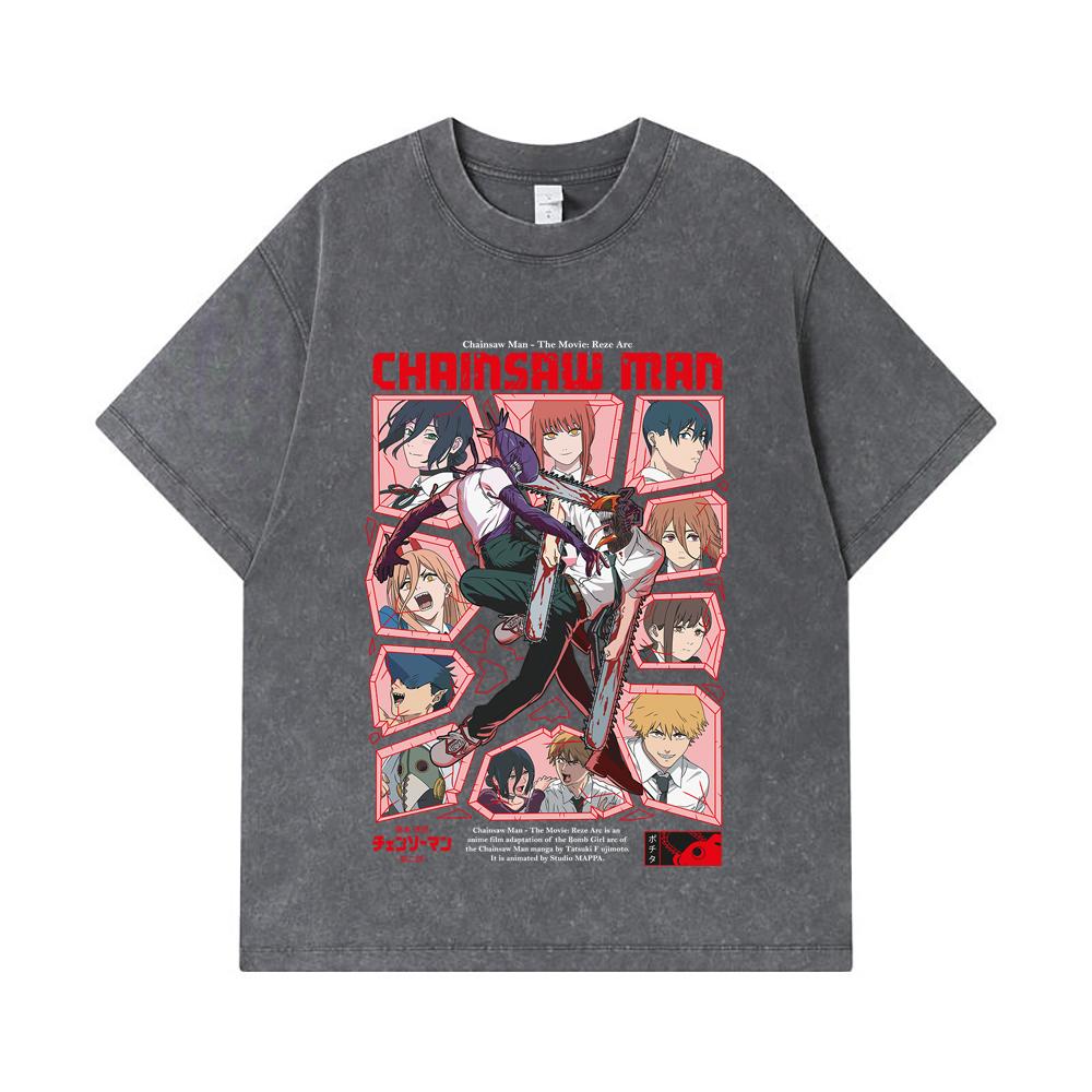 275 GSM Washed T-shirts 100% Cotton Chainsaw Man V18 Reze Arc Print Unisex Heavy Cotton T Shirt