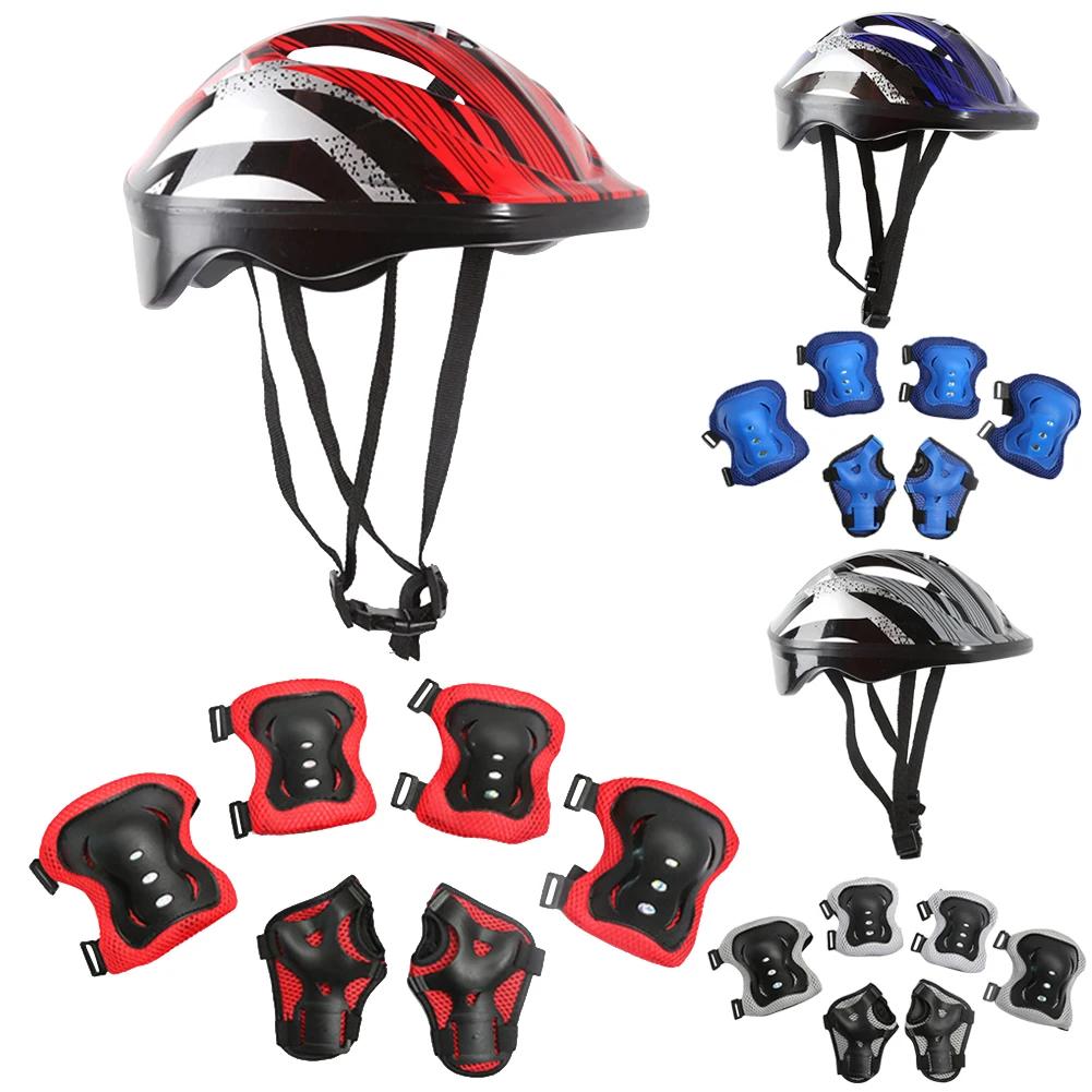 7Pcs Bicycle Sport Protective Gear Set Adjustable Kids Safety Skating Helmet Pad Set 48-55cm for Skateboard/Bike/Skating/Cycling