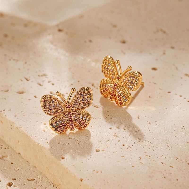 Fashion Small Delicate 18k Gold Plated Colorful Zircon Butterfly Stud Earrings For Women