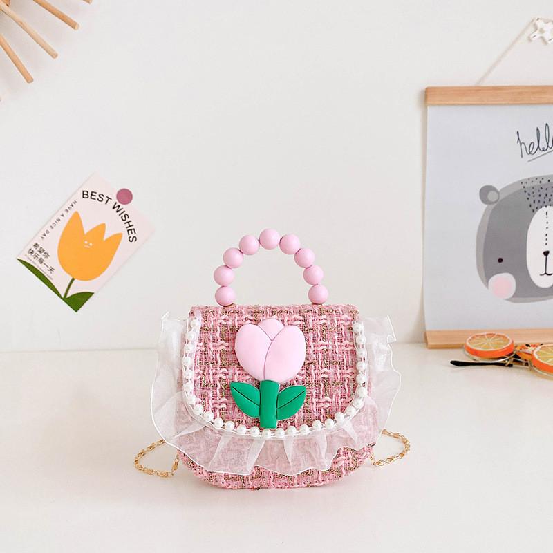 Cute Mini Floral Sling Bag For Girls Stylish Children s Handbag With Charming Pearl Accents Dark Pink