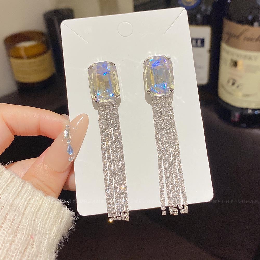 925 Sterling Silver Full Diamond Tassel Earrings – High-End European & American Style, Super Shiny, Luxurious Ear Jewelry for Women.